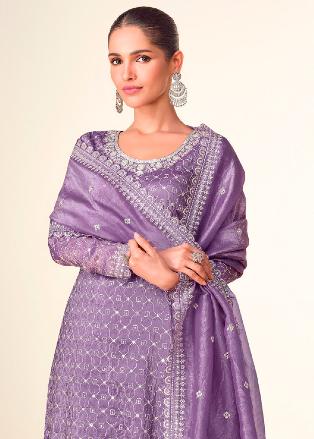 Amethyst Purple Embroidered Crush Tissue Plazzo Suit