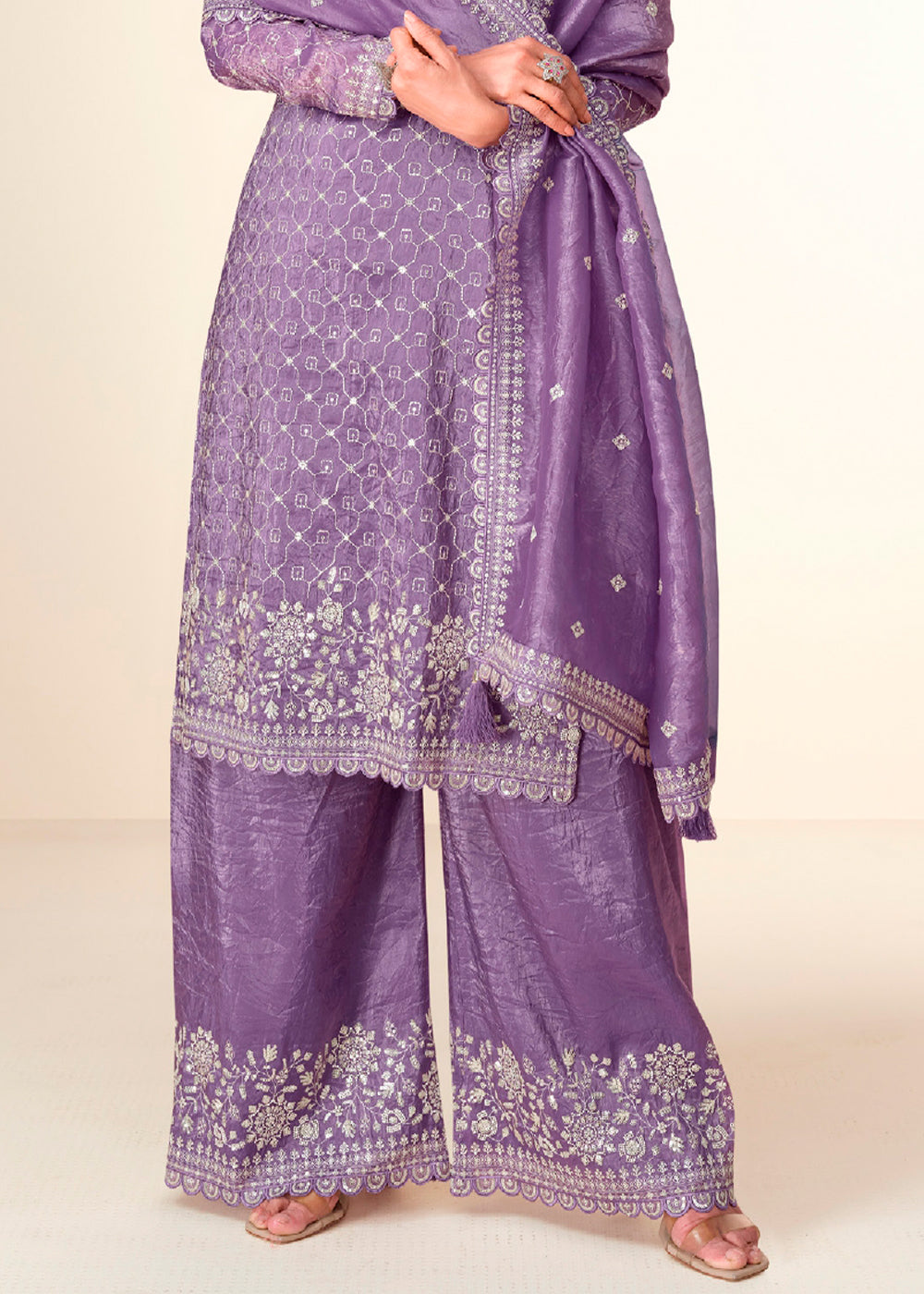 Amethyst Purple Embroidered Crush Tissue Plazzo Suit