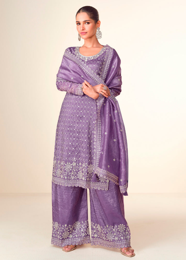 Amethyst Purple Embroidered Crush Tissue Plazzo Suit