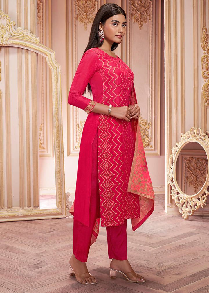 Reddish Pink Dola Silk Suit Featuring Jacquard Pattern Weaving