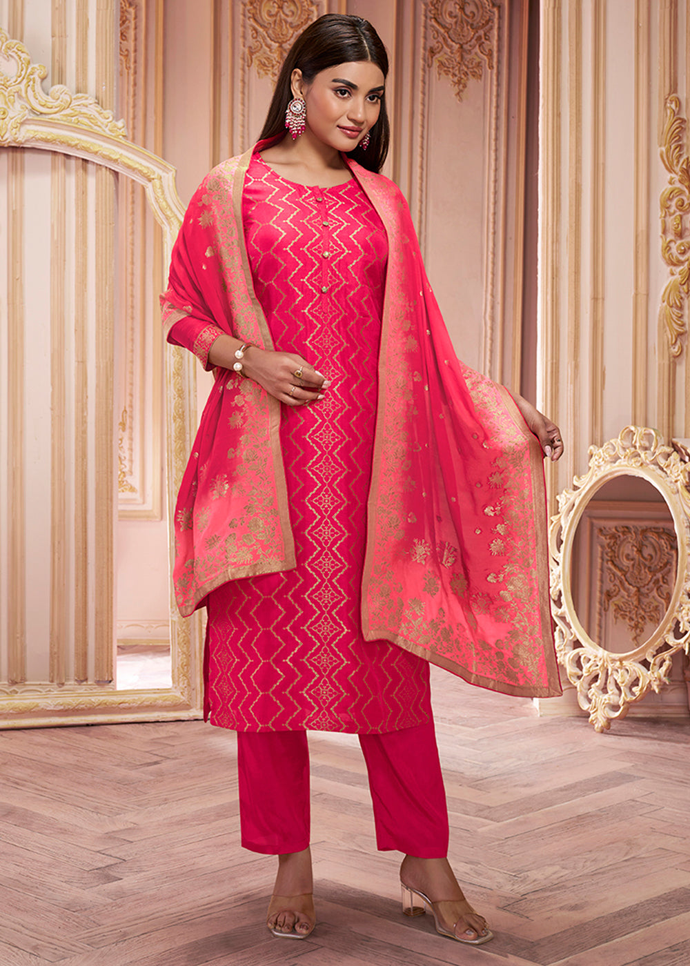 Reddish Pink Dola Silk Suit Featuring Jacquard Pattern Weaving