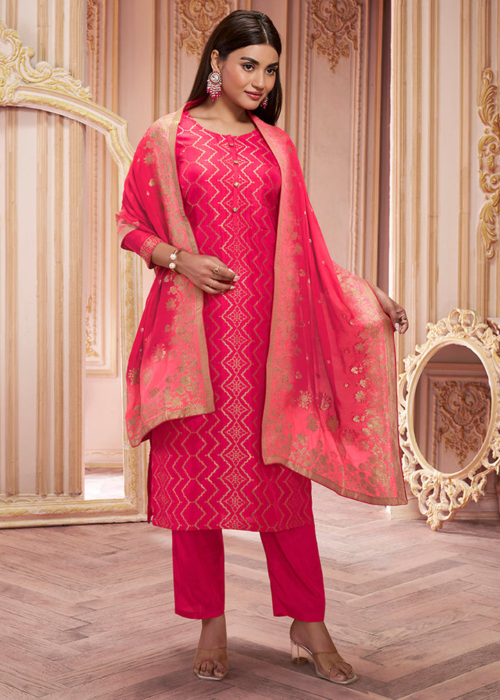 Reddish Pink Dola Silk Suit Featuring Jacquard Pattern Weaving