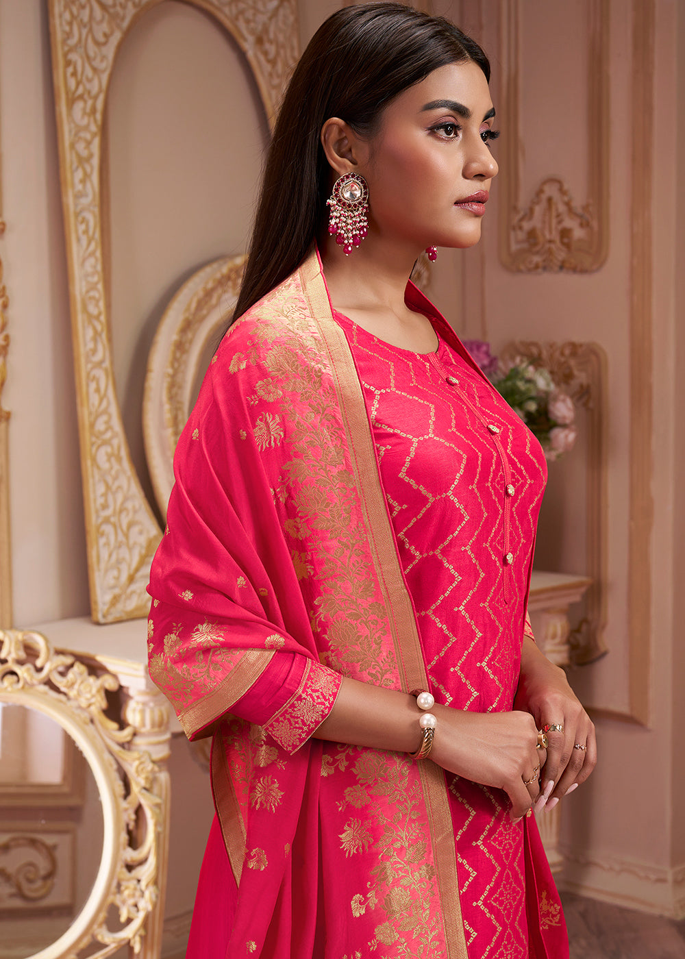 Reddish Pink Dola Silk Suit Featuring Jacquard Pattern Weaving