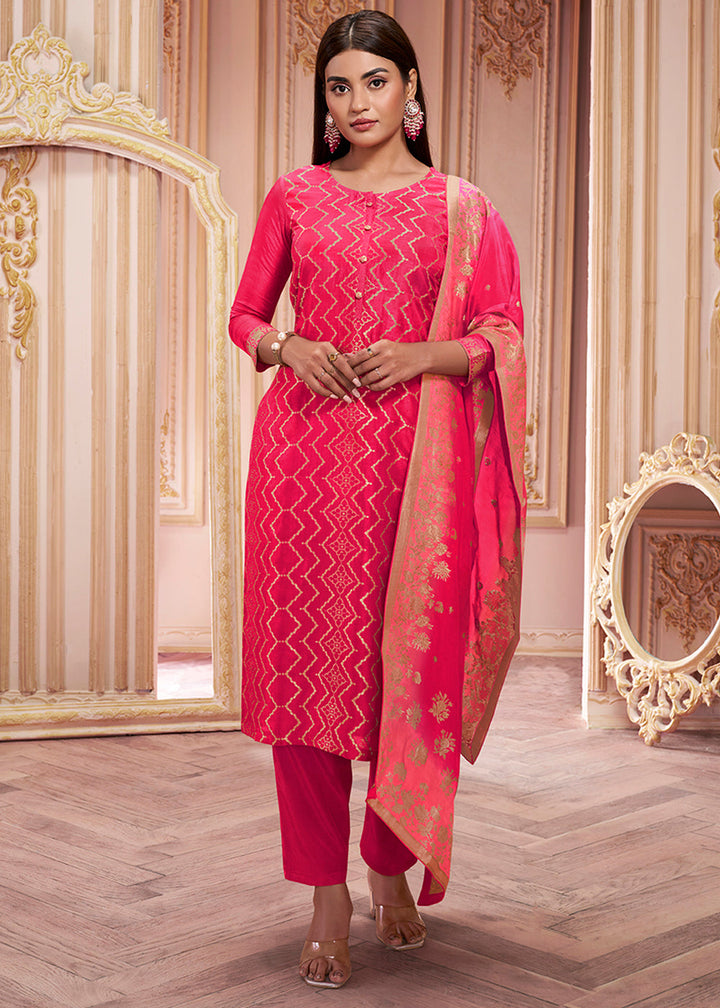 Reddish Pink Dola Silk Suit Featuring Jacquard Pattern Weaving