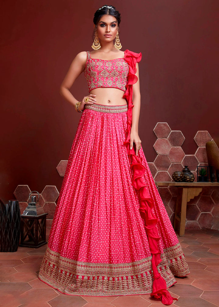 Bright Pink Digital Printed Chinon Silk Lehenga & Heavy Embroidery with Swaroski