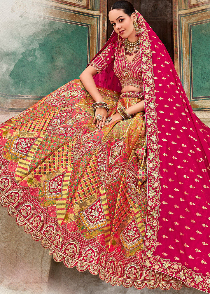 Green & Pink Banarasi Silk Lehenga Choli with Zarkan, Sequins & Thread Work