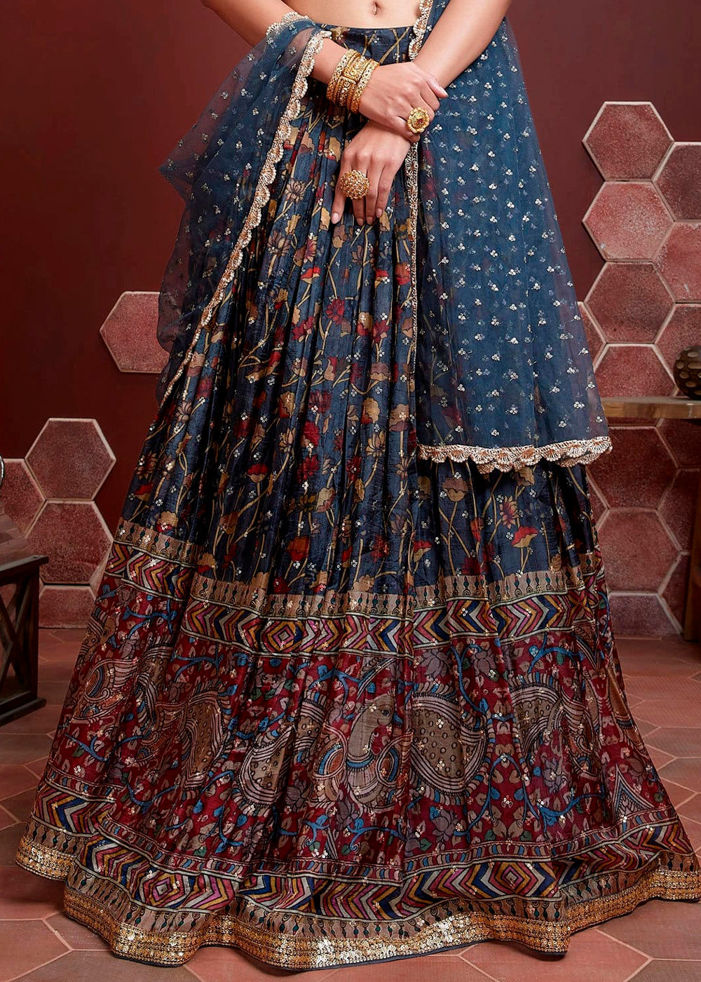 Yale Blue Digital Printed Chinon Silk Lehenga & Heavy Embroidery with Mirror work