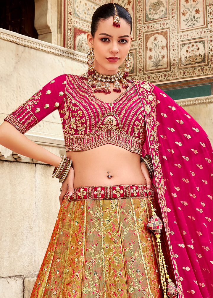 Green & Pink Banarasi Silk Lehenga Choli with Zarkan, Sequins & Thread Work