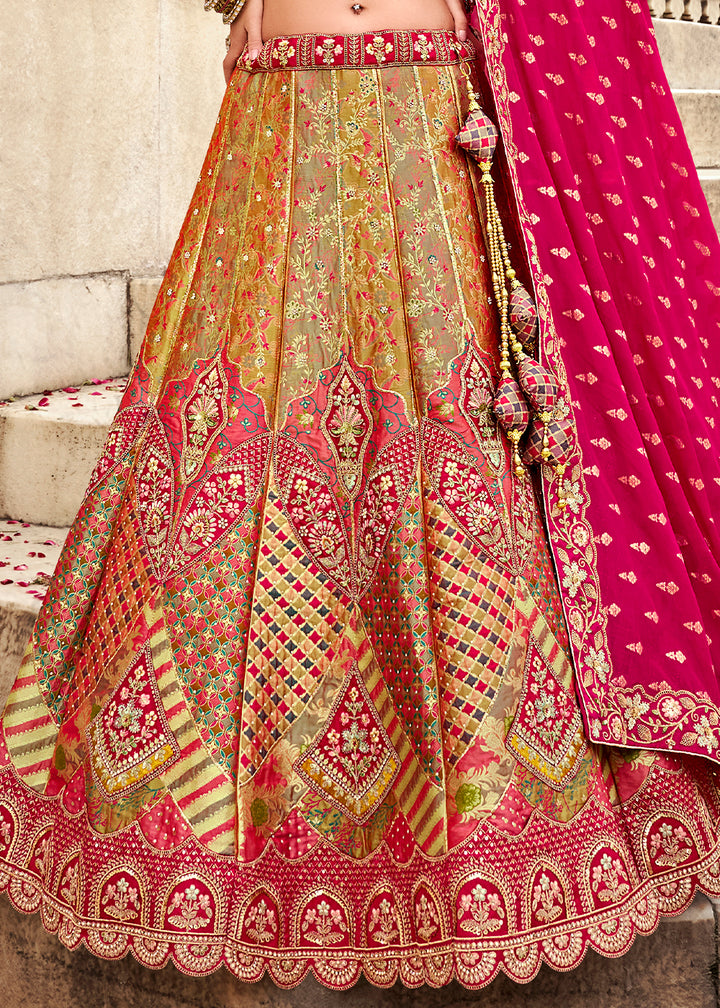 Green & Pink Banarasi Silk Lehenga Choli with Zarkan, Sequins & Thread Work