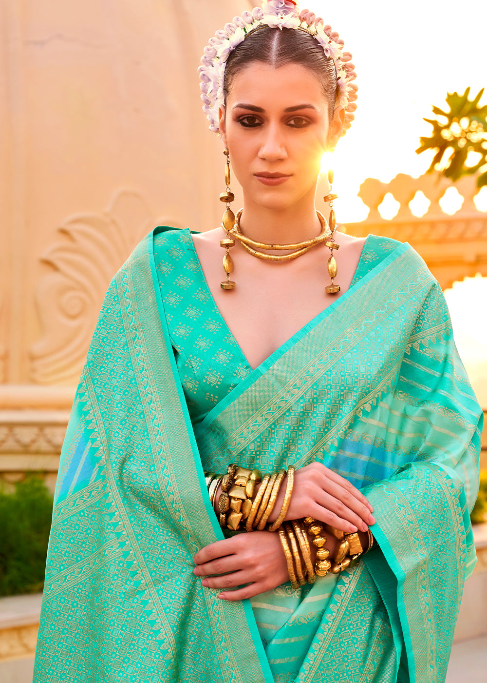 Turquoise Blue Silk Foil Print Saree with Aqua Finish & Zari Weaving