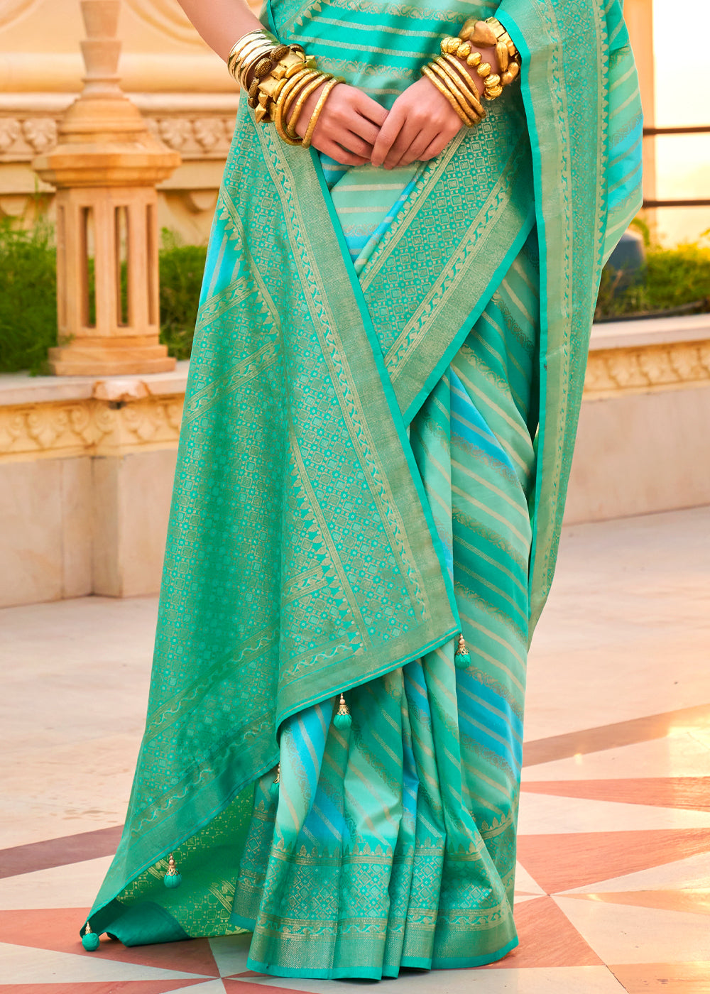 Turquoise Blue Silk Foil Print Saree with Aqua Finish & Zari Weaving