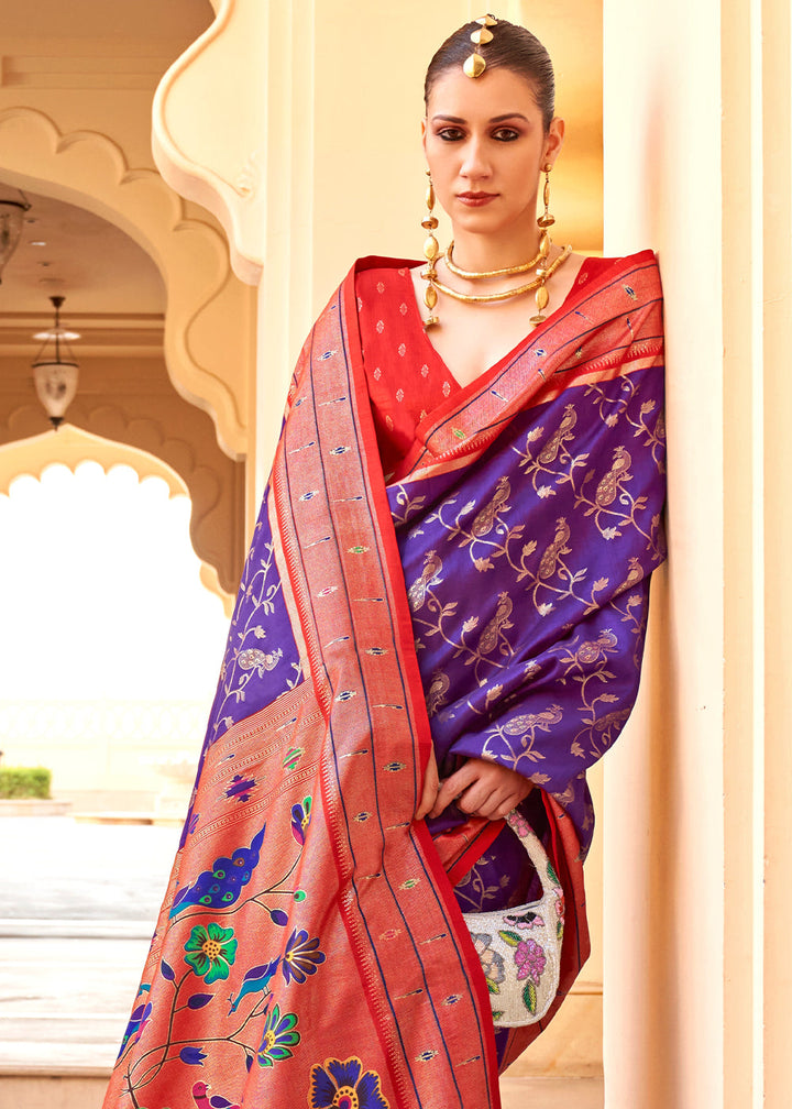 Purple & Red Paithani Printed Silk Saree