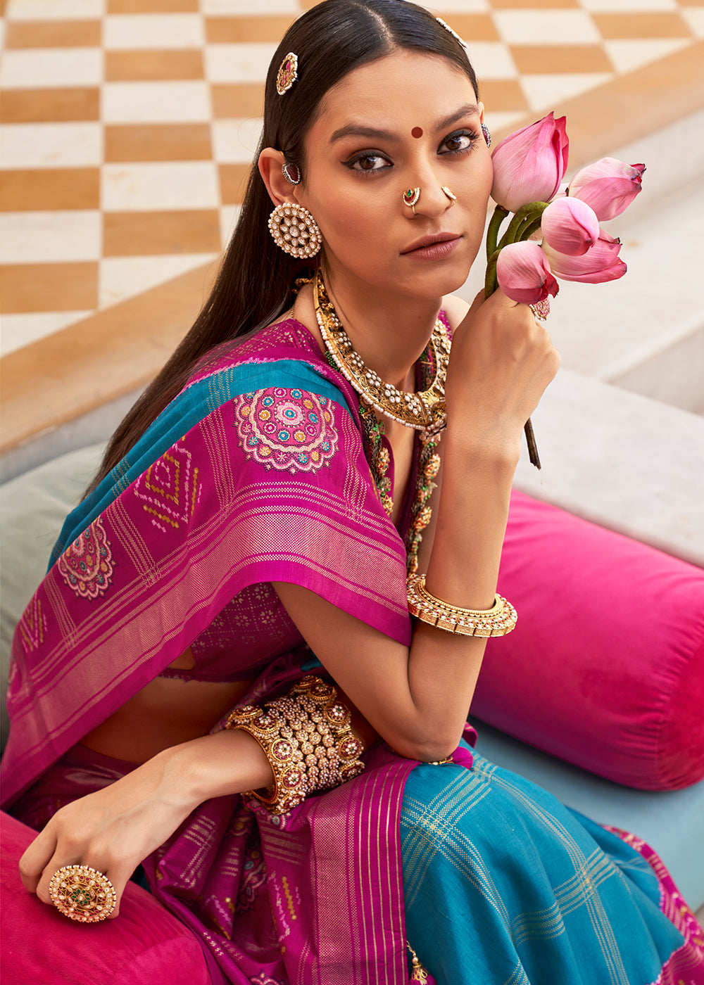 Magenta Pink & Blue Patola Printed Silk Saree