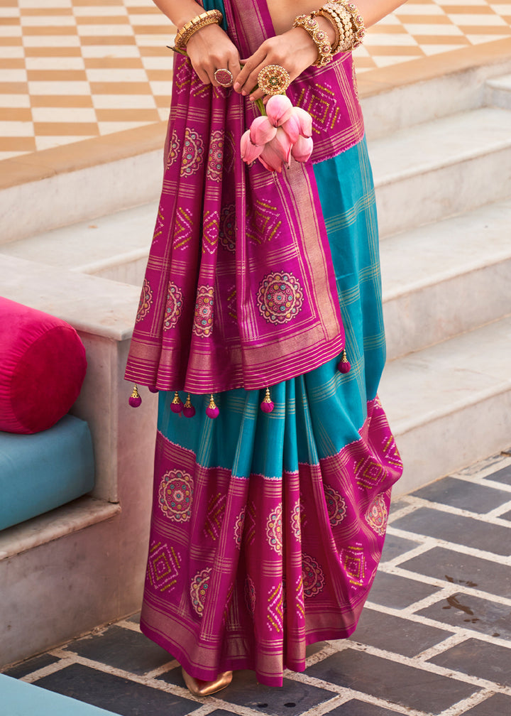 Magenta Pink & Blue Patola Printed Silk Saree