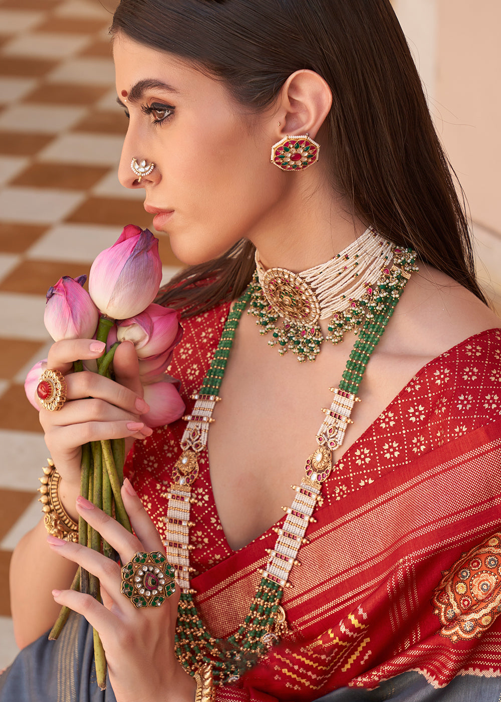 Flint Grey & Red Patola Printed Silk Saree