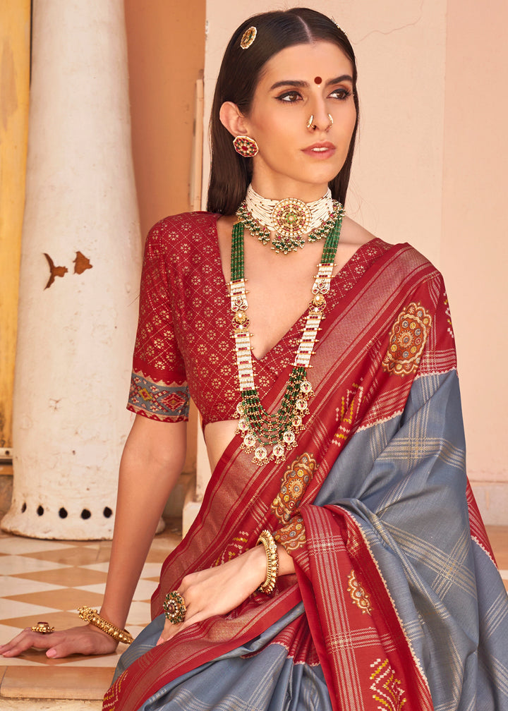 Flint Grey & Red Patola Printed Silk Saree