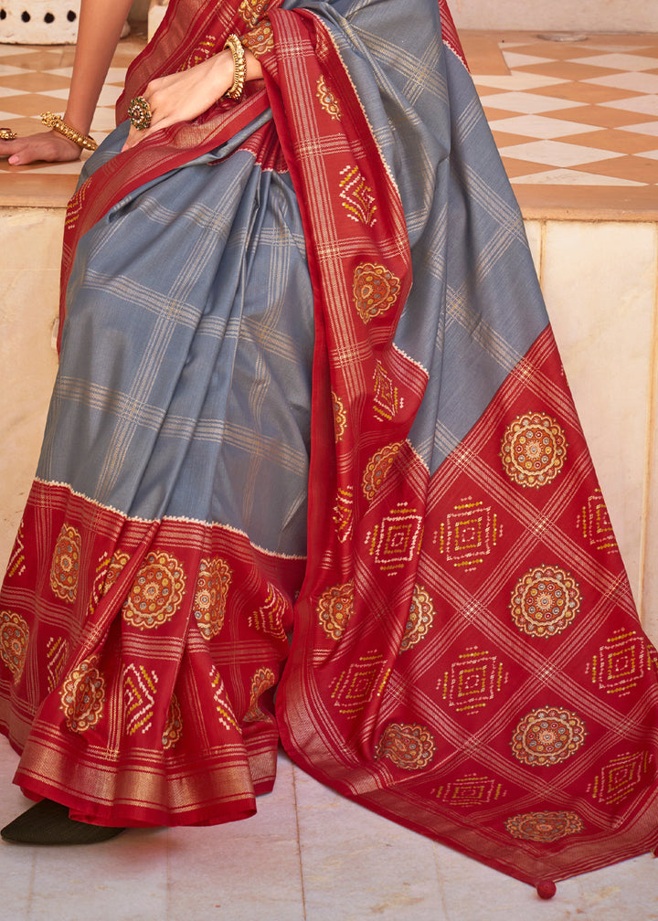 Flint Grey & Red Patola Printed Silk Saree