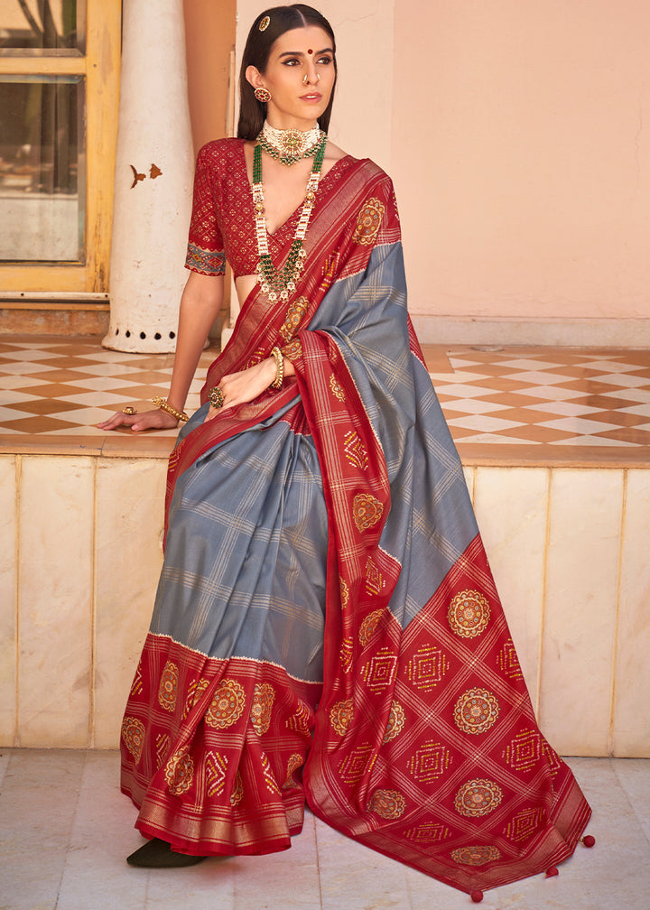 Flint Grey & Red Patola Printed Silk Saree