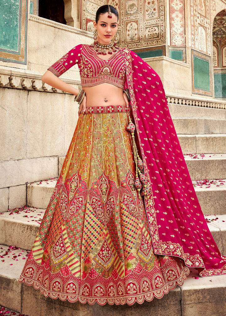 Green & Pink Banarasi Silk Lehenga Choli with Zarkan, Sequins & Thread Work