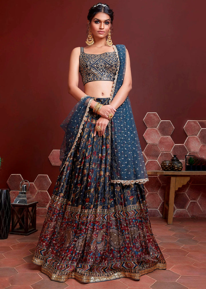 Yale Blue Digital Printed Chinon Silk Lehenga & Heavy Embroidery with Mirror work