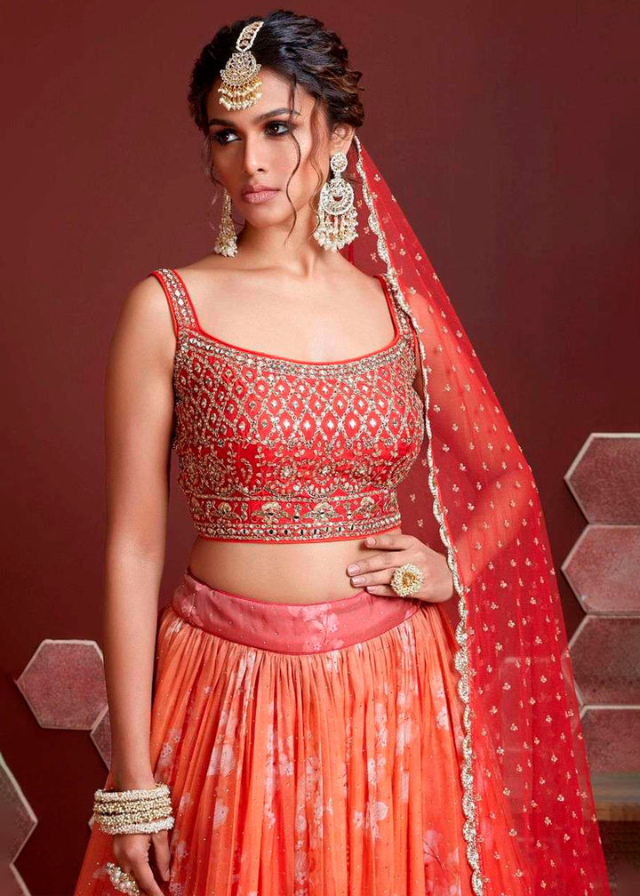 Shades Of Red & Orange Digital Printed Organza Silk Lehenga & Heavy Embroidery with Swaroski