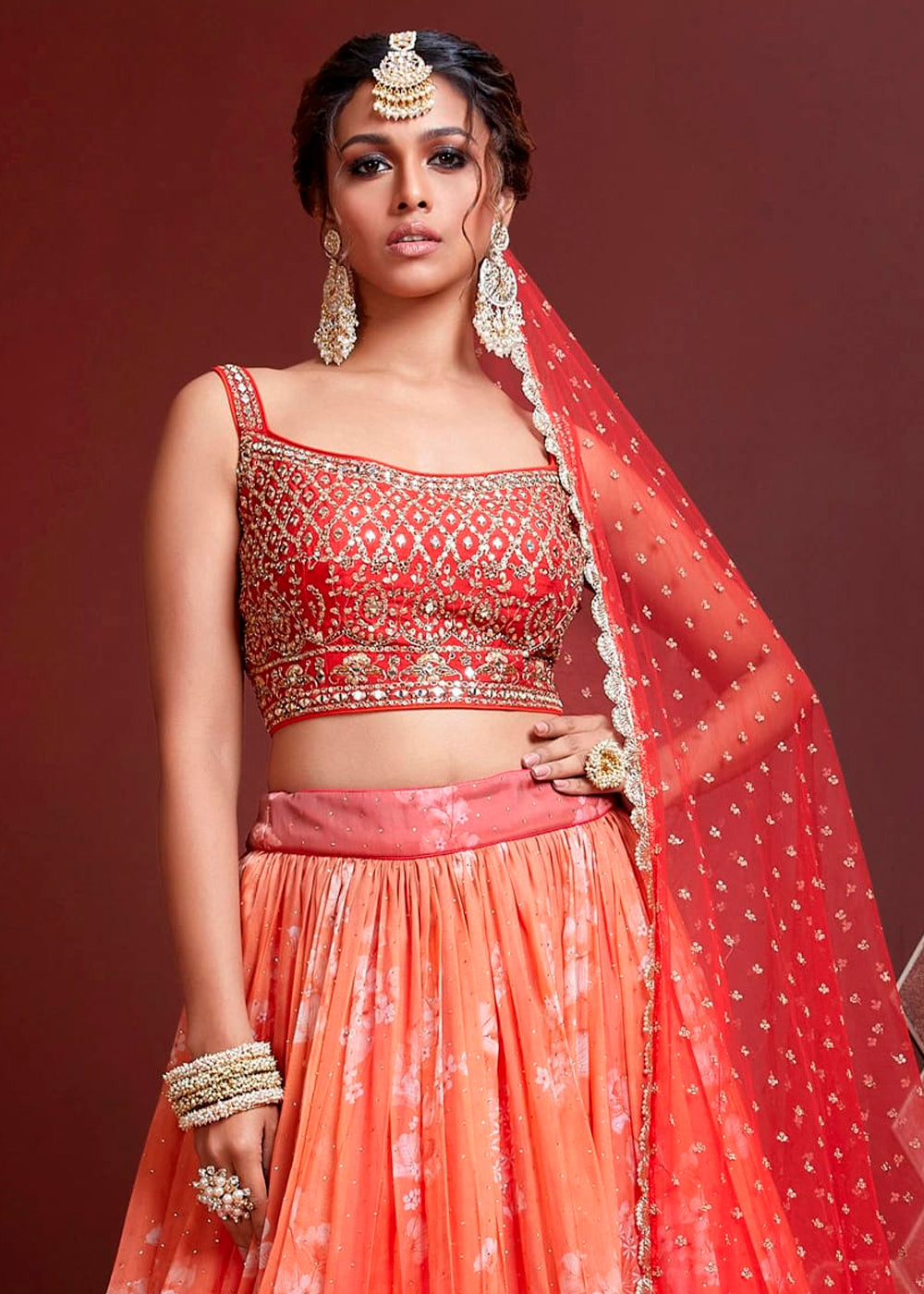 Shades Of Red & Orange Digital Printed Organza Silk Lehenga & Heavy Embroidery with Swaroski