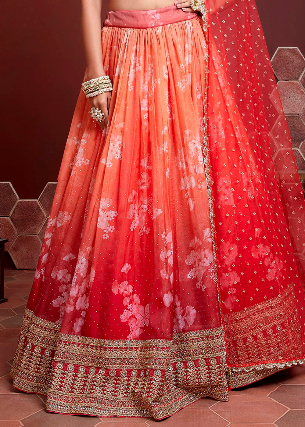 Shades Of Red & Orange Digital Printed Organza Silk Lehenga & Heavy Embroidery with Swaroski