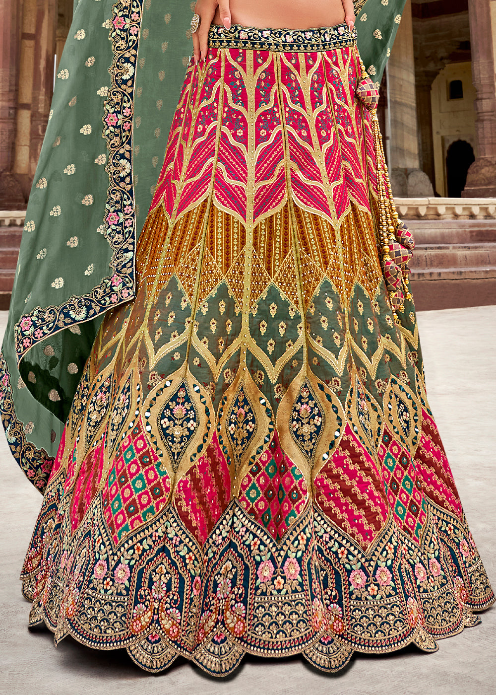 Multi Colored Banarasi Silk Lehenga Choli with Zarkan, Sequins & Thread Work