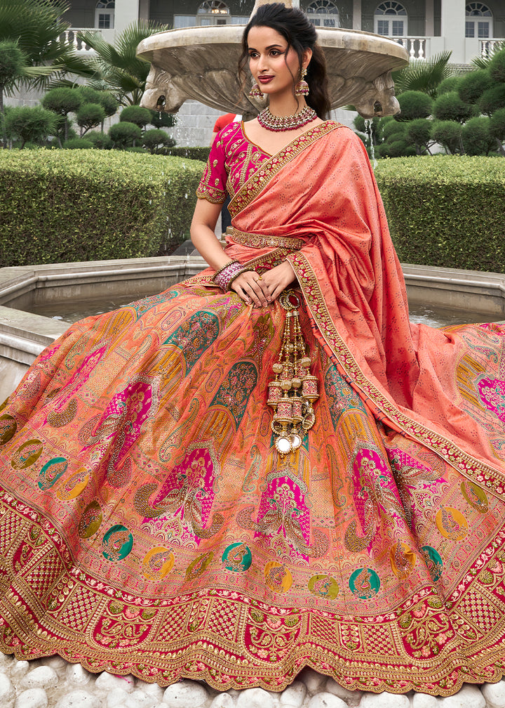 Pink & Orange Banarasi Silk Lehenga with Zarkan Coding work