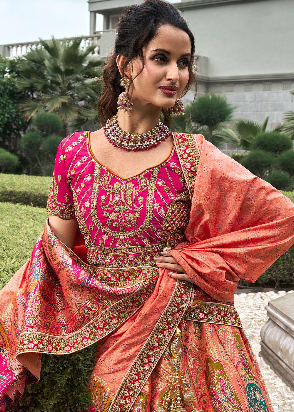 Pink & Orange Banarasi Silk Lehenga with Zarkan Coding work