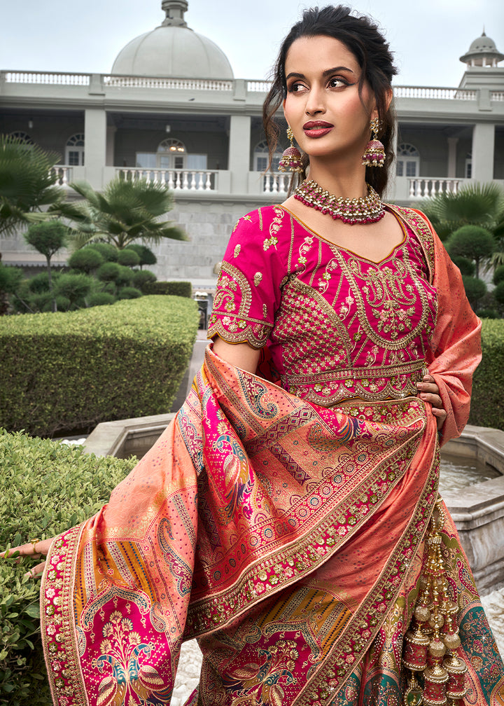 Pink & Orange Banarasi Silk Lehenga with Zarkan Coding work