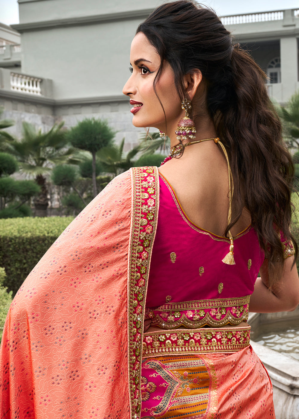 Pink & Orange Banarasi Silk Lehenga with Zarkan Coding work