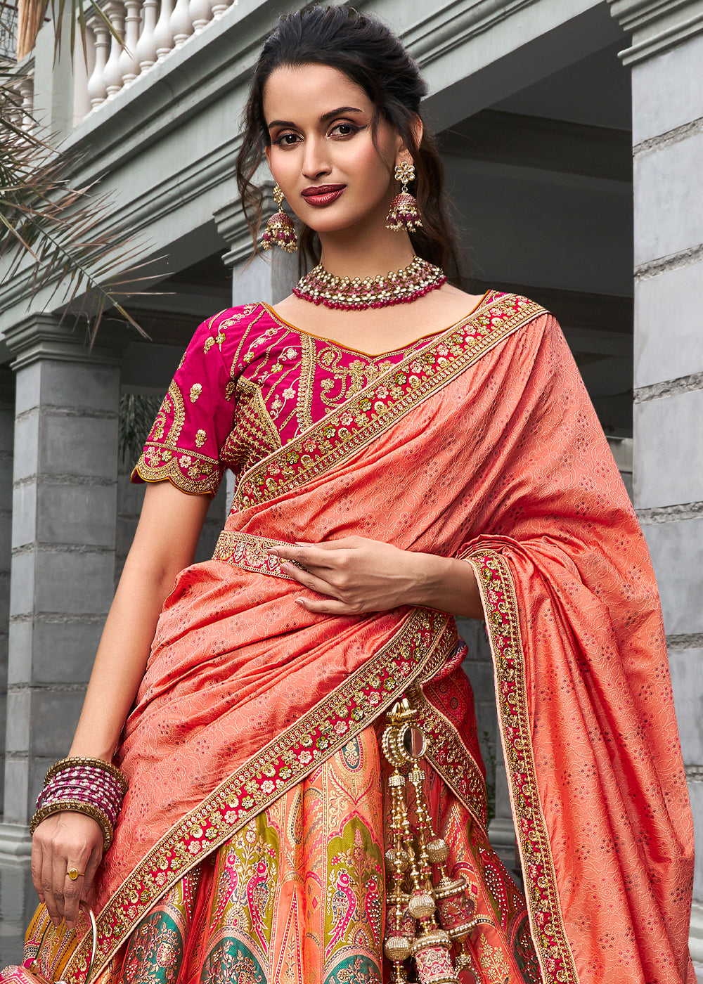 Pink & Orange Banarasi Silk Lehenga with Zarkan Coding work