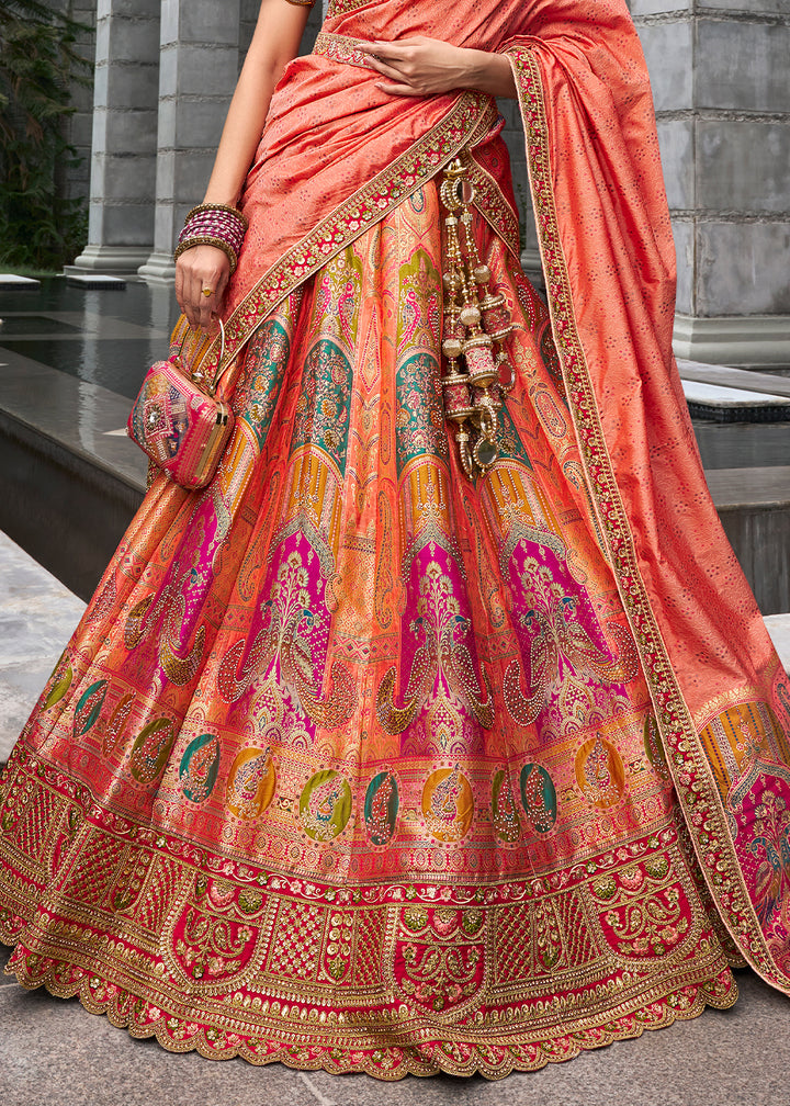 Pink & Orange Banarasi Silk Lehenga with Zarkan Coding work