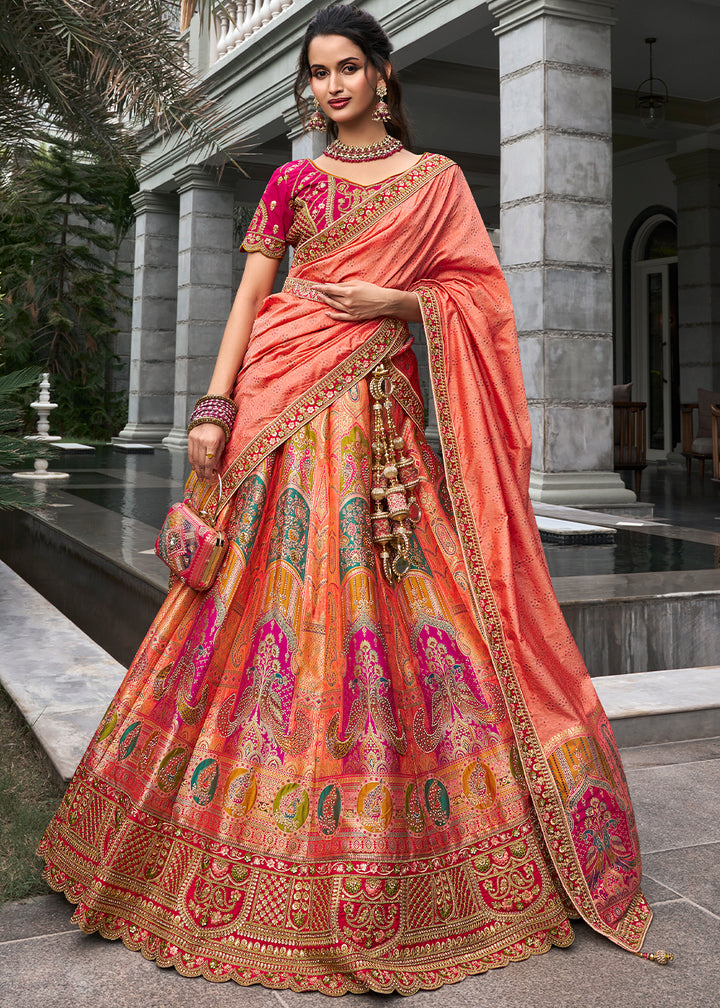 Pink & Orange Banarasi Silk Lehenga with Zarkan Coding work