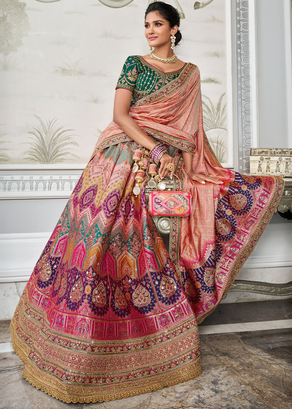 Shades Of Pink Banarasi Silk Lehenga with Zarkan Coding work