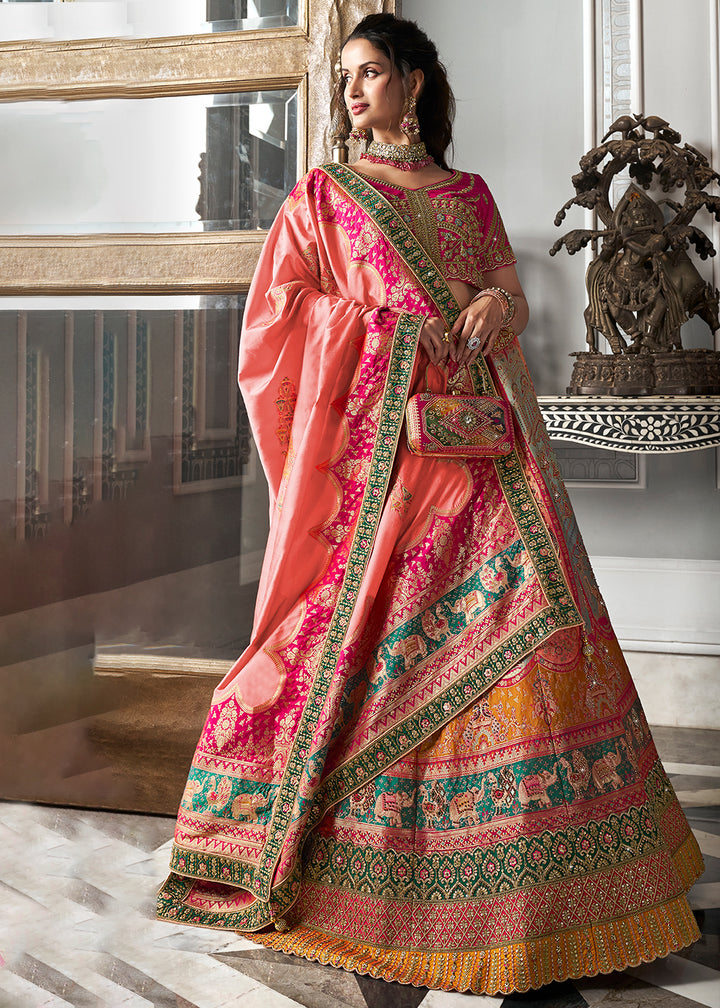 Pink & Yellow Banarasi Silk Lehenga with Zarkan Coding work