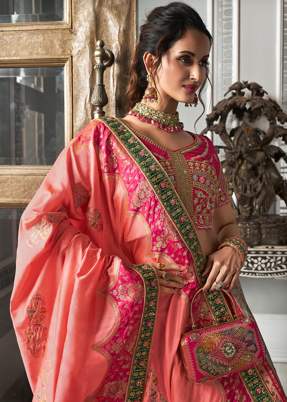 Pink & Yellow Banarasi Silk Lehenga with Zarkan Coding work