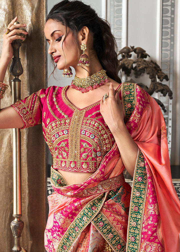 Pink & Yellow Banarasi Silk Lehenga with Zarkan Coding work