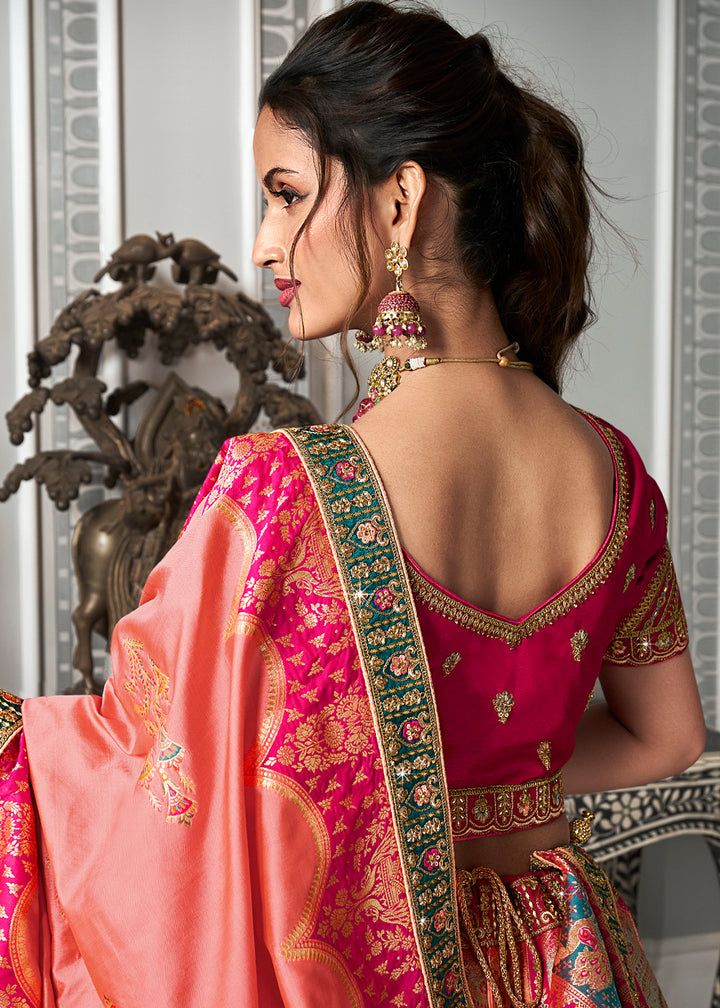 Pink & Yellow Banarasi Silk Lehenga with Zarkan Coding work