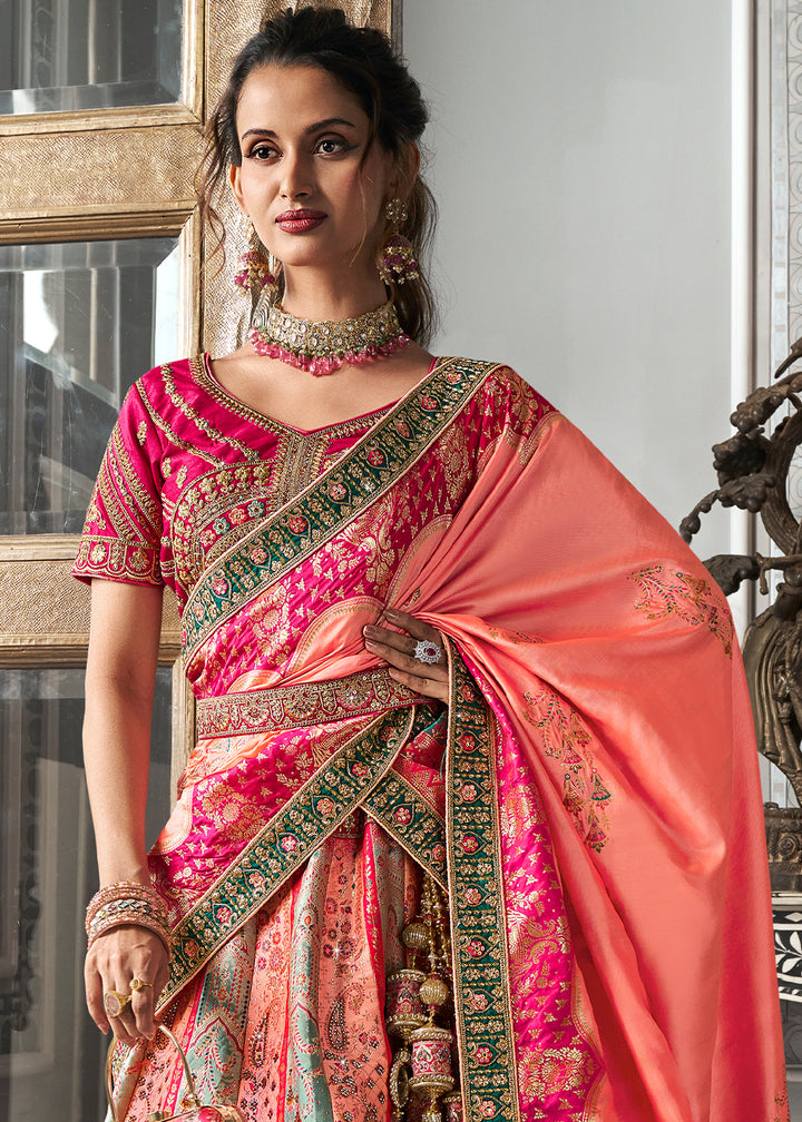 Pink & Yellow Banarasi Silk Lehenga with Zarkan Coding work