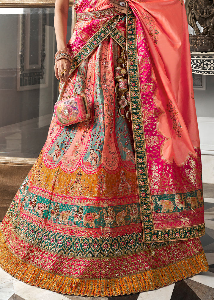 Pink & Yellow Banarasi Silk Lehenga with Zarkan Coding work