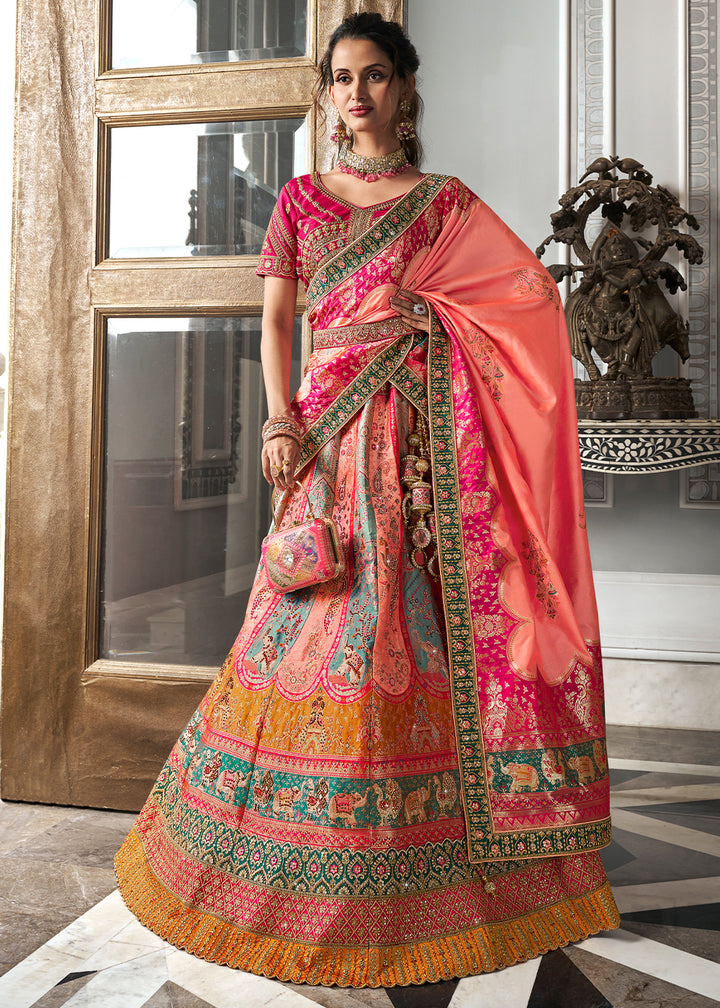 Pink & Yellow Banarasi Silk Lehenga with Zarkan Coding work