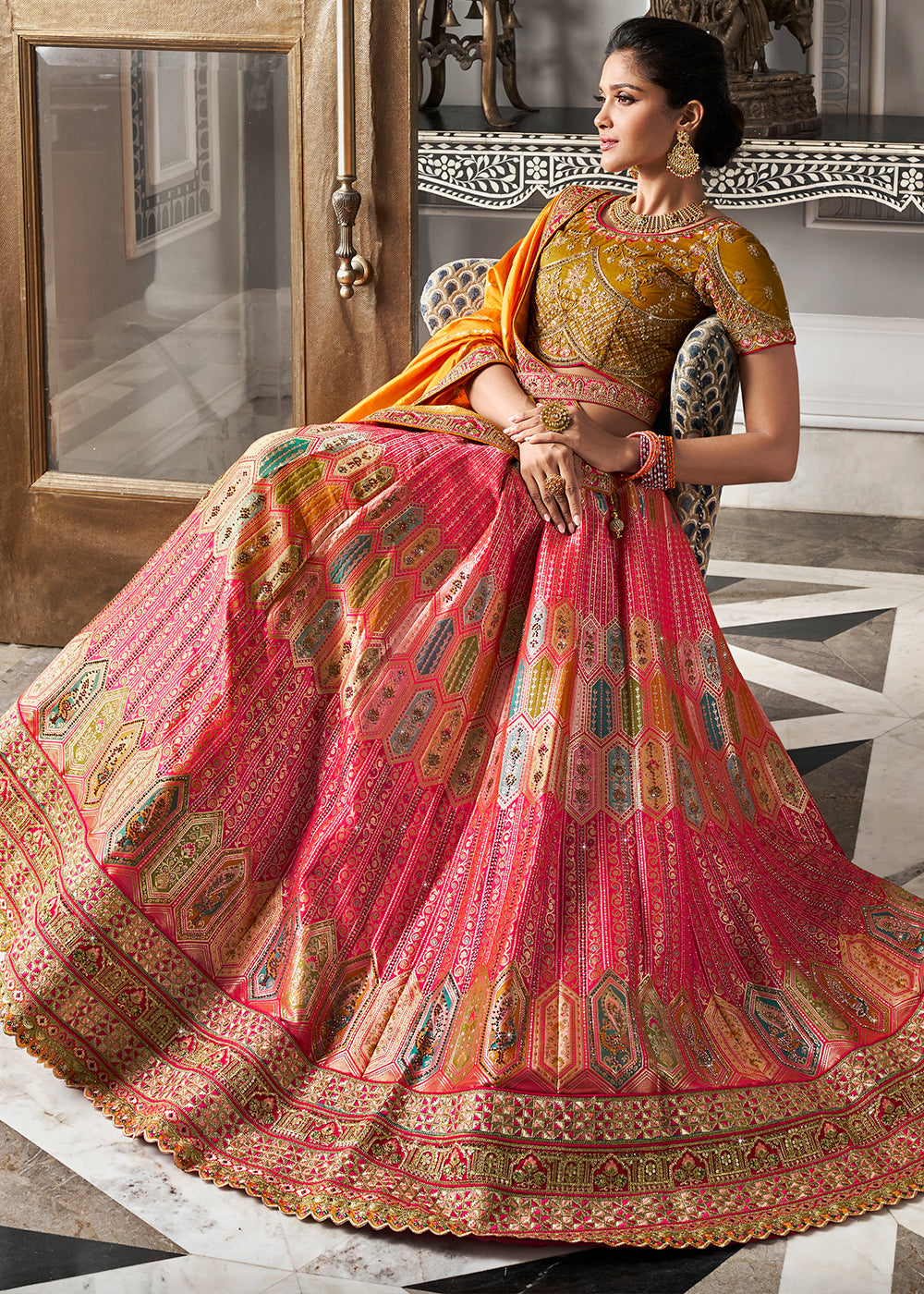 Yellow & Pink Banarasi Silk Lehenga with Zarkan Coding work