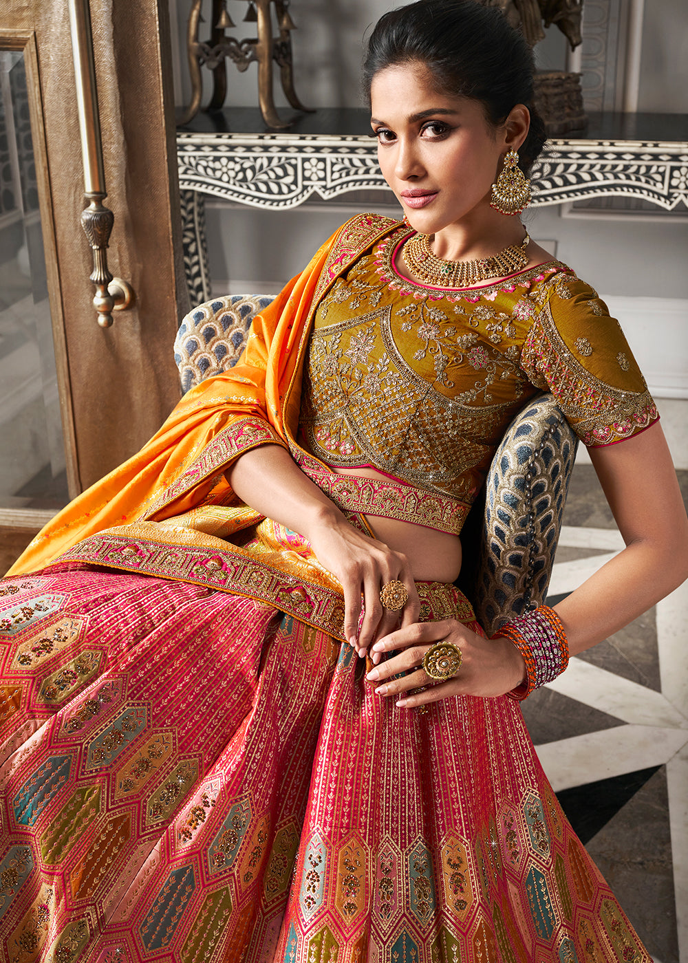 Yellow & Pink Banarasi Silk Lehenga with Zarkan Coding work