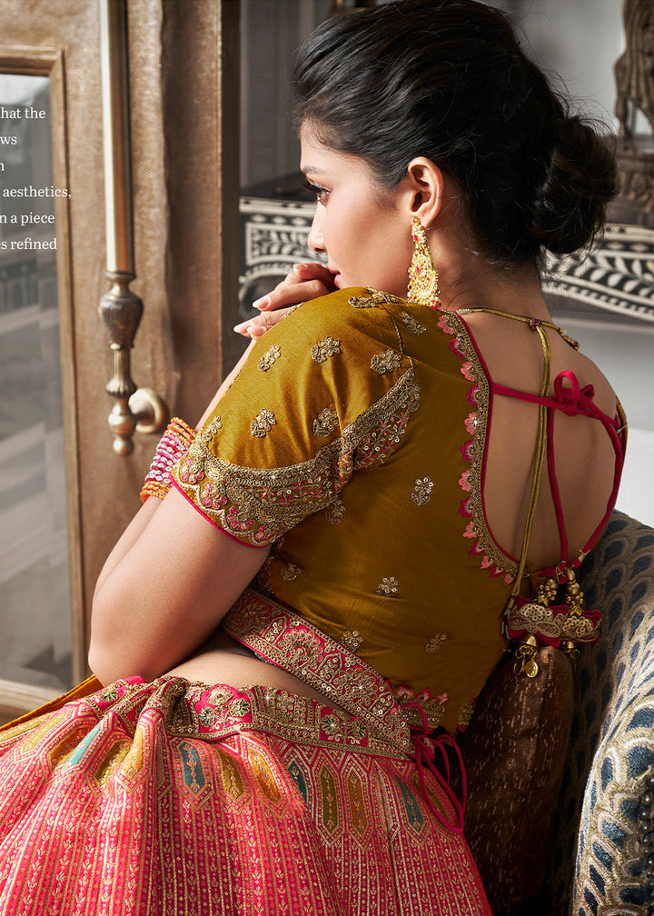 Yellow & Pink Banarasi Silk Lehenga with Zarkan Coding work