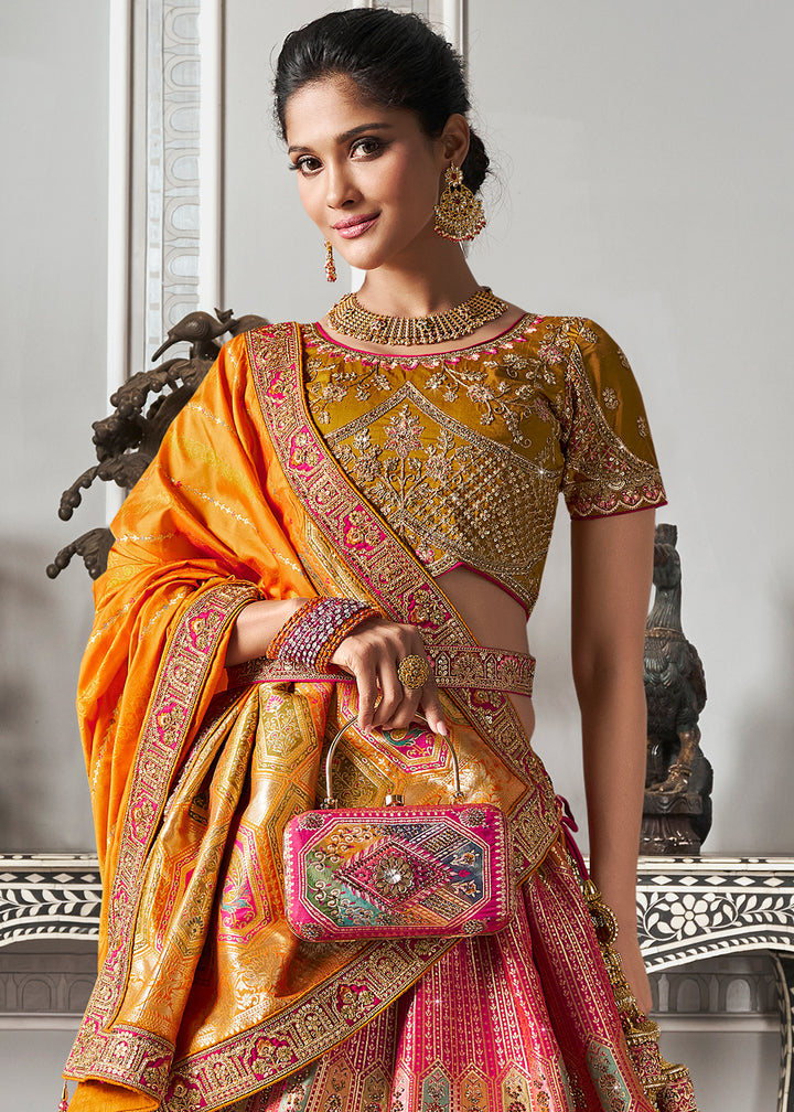 Yellow & Pink Banarasi Silk Lehenga with Zarkan Coding work