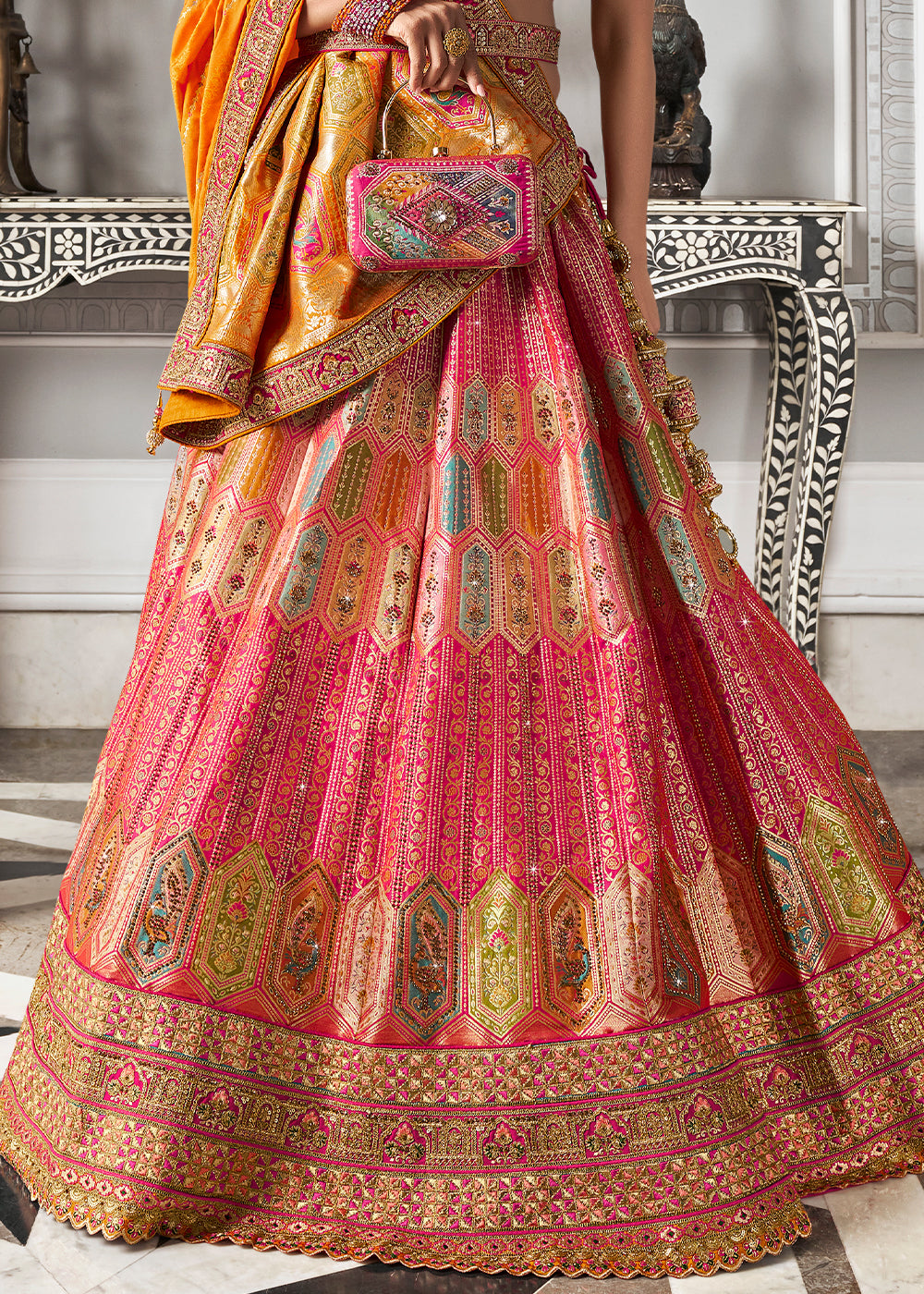 Yellow & Pink Banarasi Silk Lehenga with Zarkan Coding work