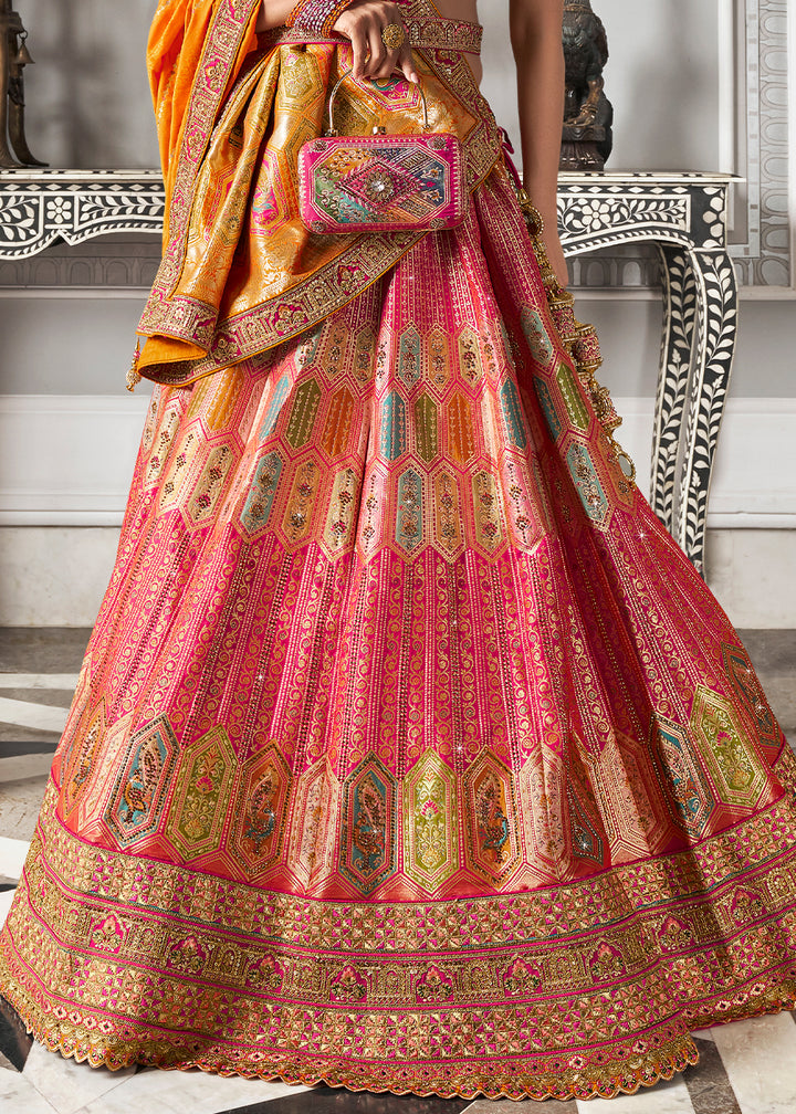 Yellow & Pink Banarasi Silk Lehenga with Zarkan Coding work