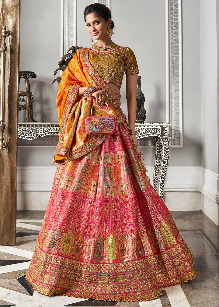 Yellow & Pink Banarasi Silk Lehenga with Zarkan Coding work